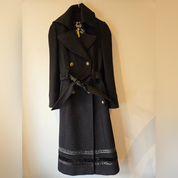 D&G Black Belted Coat with Satin/Velvet Trim Detail Size 40 - Picture 2 of 13